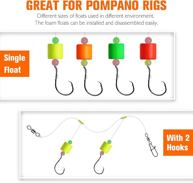 Dovesun 220/104/80/60/54/52/42pcs Pompano Rig Floats for Surf Fishing Foam Bobbers for Fishing Fly Fishing Bobbers Floats Bright Color Kit/Round/Cylindrical/Heart/Bullet/Pill/Spin Shape