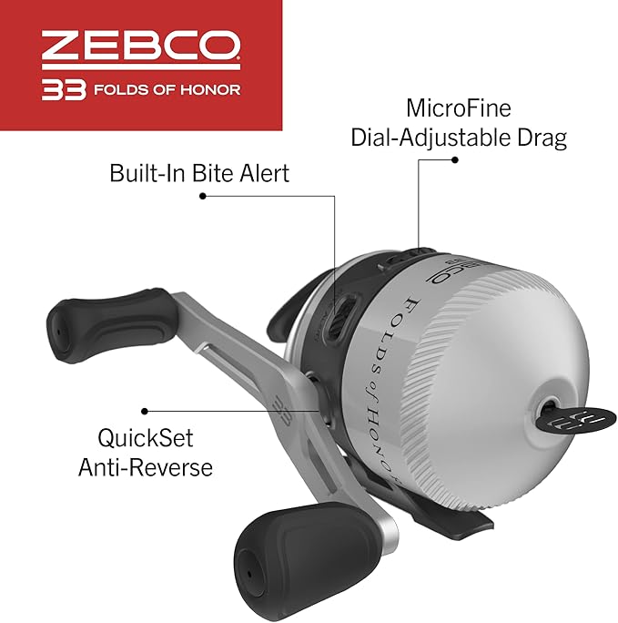 Zebco 33 Folds of Honor Spincast Reel and 2-Piece Fishing Rod Combo, 6-Foot Fiberglass Rod, Quickset Anti-Reverse Fishing Reel with Bite Alert, 1 Dollar Donated to Folds of Honor Foundation,Grey/Black