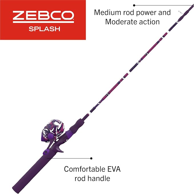 Zebco Splash Spincast Reel and Fishing Rod Combo, Fiberglass Rod, Ball Bearing System, All Metal Gears, 8-Pound Line