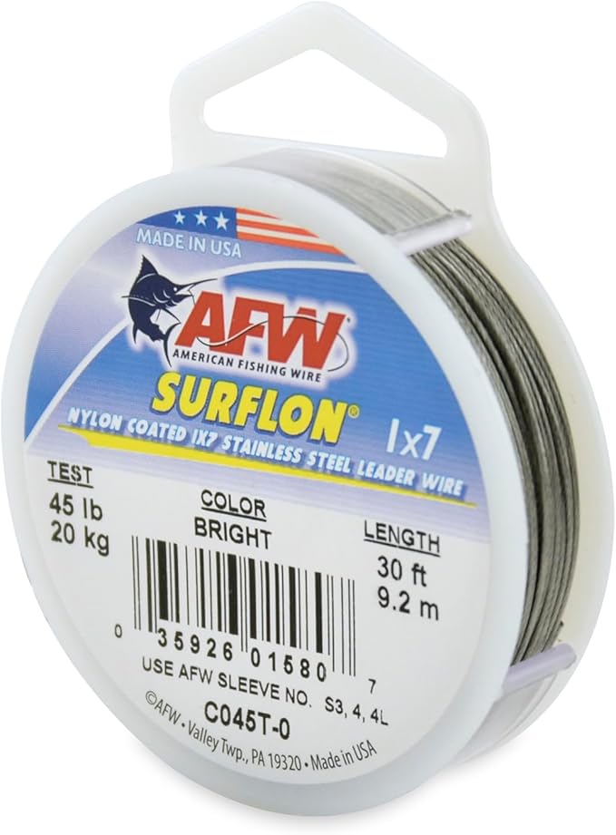 American Fishing Wire Surflon Nylon Coated 1x7 Stainless Steel Wire Leader - Wire Fishing Leader Line for Saltwater 10lb Up To 250lb Test in Bright, Black, Camo in 30ft, 100ft, 300ft, & 1000ft Lengths
