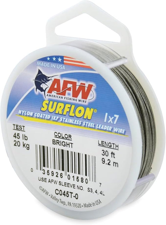 American Fishing Wire Surflon Nylon Coated 1x7 Stainless Steel Wire Leader - Wire Fishing Leader Line for Saltwater 10lb Up To 250lb Test in Bright, Black, Camo in 30ft, 100ft, 300ft, & 1000ft Lengths