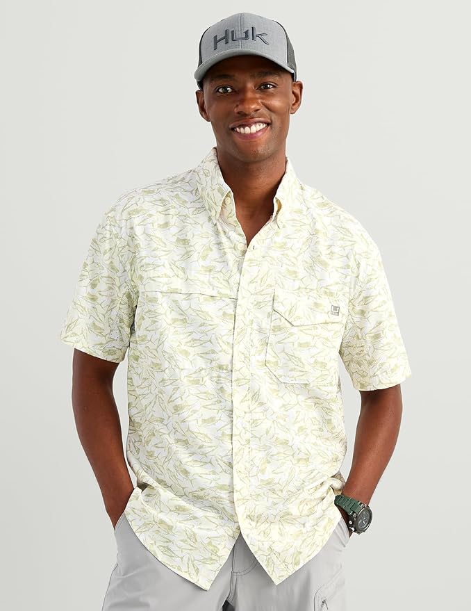 HUK Men's Tide Point Kc Scott Original Artwork Short Sleeve Shirt, Fishing Button Down