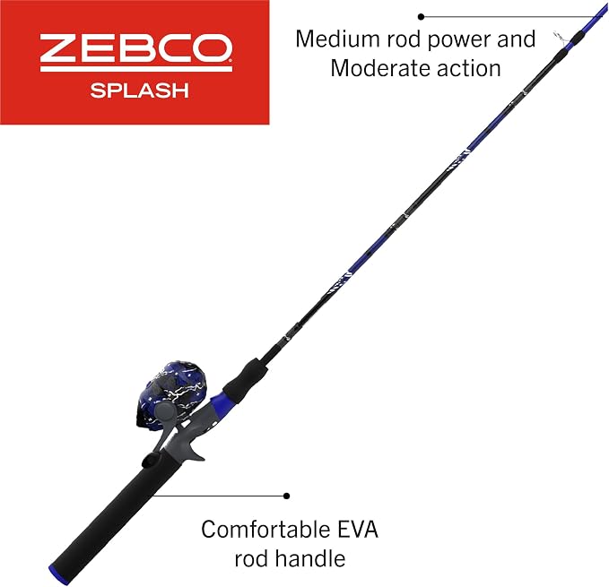 Zebco Splash Spincast Reel and Fishing Rod Combo, Fiberglass Rod, Ball Bearing System, All Metal Gears, 8-Pound Line