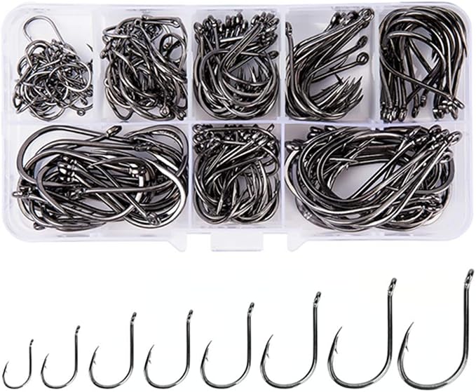 FCFKUK 240pcs/box Large Size Premium Fishhooks, 8 Sizes Strong Custom Offset Sport Black High Carbon Steel Barbs Fishing Hooks