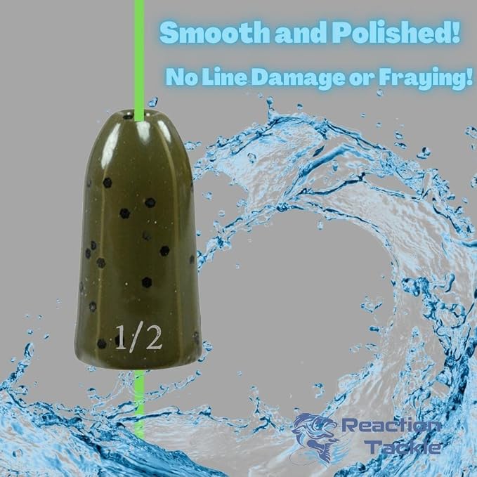 Reaction Tackle Tungsten Worm Weights for Bass Fishing - Bullet Shaped Sinkers/Fishing Weights - for Texas Rig and Carolina Rig/Size Stamped