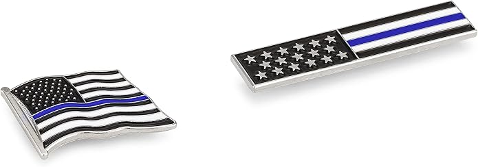 Thin Blue Line American Flag USA Lapel Pin Set - Waving Flag + Rectangle Bar - Silver Colored Metal Plated - Luxury Clothing Accessories