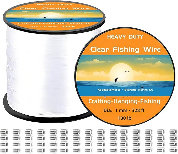 Aboda Clear Fishing Line 0.2-1 mm, Strong Invisible Nylon Fishing Wire 8-100 lb Test Includes Crimp Sleeves, Clear String for Hanging Decorations Balloons Garlands Crafts & Jewelry