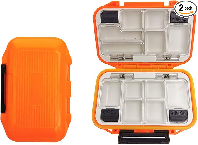 2x Small Hard Fishing Tackle Box Portable Case Hooks Lure Baits Storage Box Containers For Storing Swivels Jigs Hooks Sinker,12 Compartments (Orange (Waterproof))