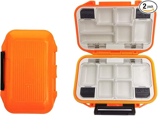2x Small Hard Fishing Tackle Box Portable Case Hooks Lure Baits Storage Box Containers For Storing Swivels Jigs Hooks Sinker,12 Compartments (Orange (Waterproof))