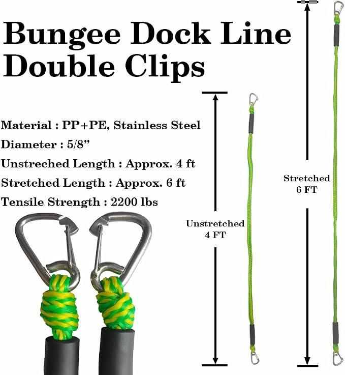 Bungee Dock Line with Double 316 Stainless Steel Clips Floatable Mooring Rope Boat Snubber Docking Rope for PWC, Boat Accessory for Kayak, Watercraft, Bass Boat, SeaDoo, 4FT, 2 Pack
