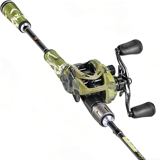 Sougayilang Baitcaster Combo, 30Ton+24Ton Graphite 2-Piece Blanks Casting Fishing Rod,SuperPolymer Handle,“S” Style Hook Keeper with Camo Baitcasting Reel