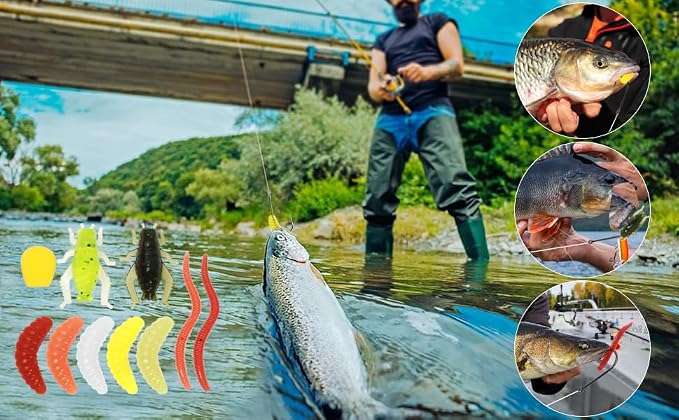 Realure 250 Pcs/4 Types Fishing Soft Plastic Worms Set Artificial Bread Worm & Earthworm & Cricket & Corn Baits Silicone Soft Maggot Simulation Bait Worm for Freshwater & Saltwater Sea Fishing