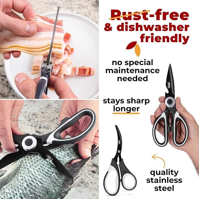 Titanium Coated Kitchen Scissors 2-Piece Set by Gidli - Liftime Replacement Warranty* - Heavy Duty Kitchen Shears for Meat and Food Prep - Includes Bonus 7" Seafood Scissors with Ergonomic Grip