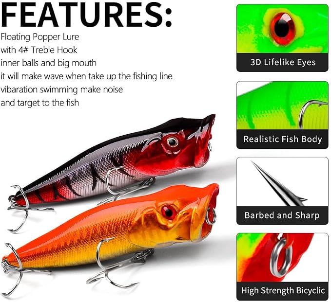 5pcs 9cm 3D Eyes Hard Baits Floating Topwater Popper Lures with Treble Hooks, Mixed Colors, ABS & High Carbon Steel, Targeting Pike, Bass, Salmon