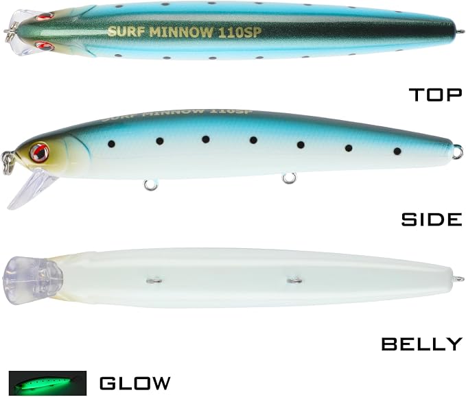 LITTMA California Surf Fishing Lures Saltwater Jerkbait Crankbait Surf Minnow 110/125 - Metallic Sardine Super Glow & Pearl Pink Belly Glow Lures for Halibut & Striper Fishing