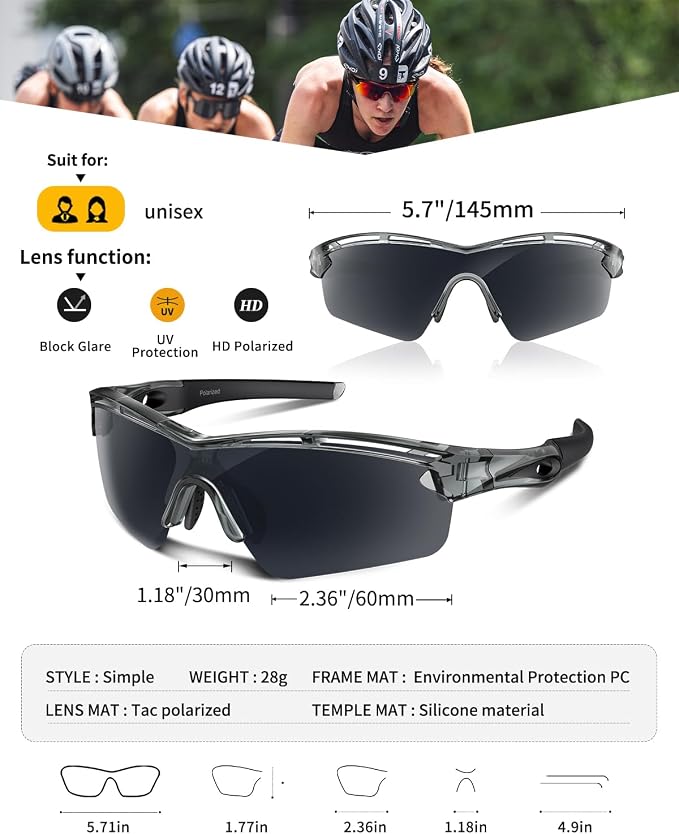 Rosemal Sports Sunglasses Polarized Cycling Sunglasses Running Driving Fishing Hiking for Men Women UV400 TAC TR90