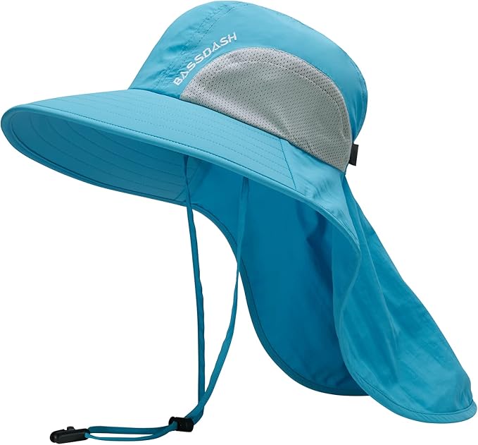 BASSDASH UPF 50+ Unisex Water Resistant Wide Brim Sun Hat with Large Neck Flap Ponytail Fishing Hat for Men Women