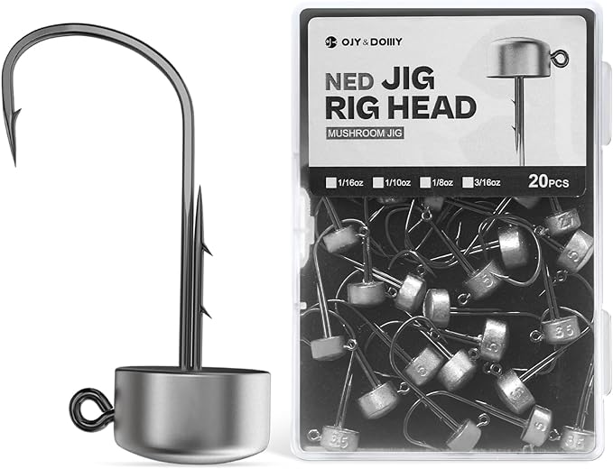 Ned Rig Jig Heads, 20 Pack Finesse Mushroom Jig Hooks Kit for Bass Fishing 1/16 3/32 1/8 3/16oz