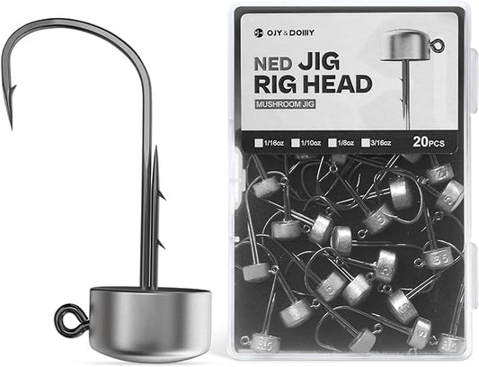 Ned Rig Jig Heads, 20 Pack Finesse Mushroom Jig Hooks Kit for Bass Fishing 1/16 3/32 1/8 3/16oz