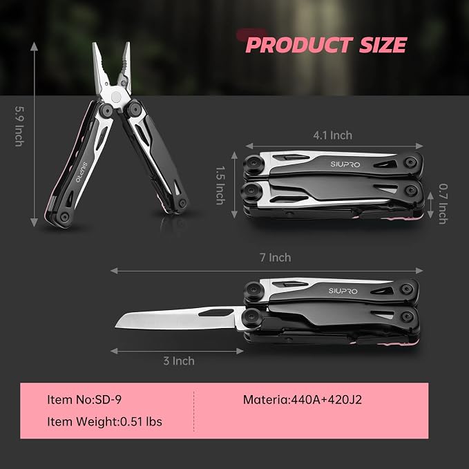 SIUPRO Multitool Pocket Knife for Men, Women, Tactical Multi Tool with Pliers, Saw, Screwdriver, All Self-Locking, Survival Gear With Clip and Pouch for Camping, Gifts Idea, Pink
