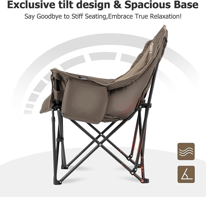 Overmont Oversized XL Camping Chair for Adults - 500lbs Support Heavy-Duty Padded Folding Chair with Side Pocket Cup Holder Cooling Bag for Outdoor Sports Garden Beach Fishing Lawn Khaki 2pcs