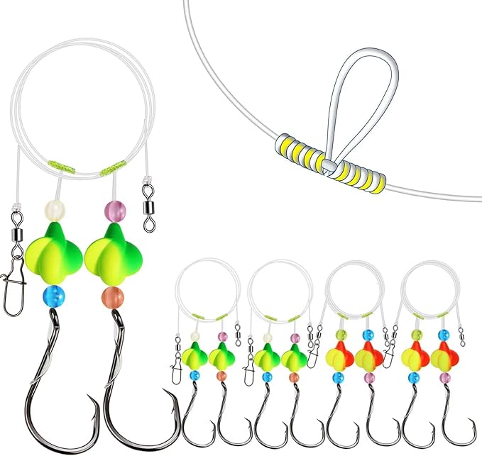 Dovesun 10PCS/4PCS Pompano Rigs for Surf Fishing Saltwater Fishing Rigs with Floats and Beads Unique Double-Line T-Knot Pre-Rigged Surf Fishing Gear & Tackle with Circle Hooks