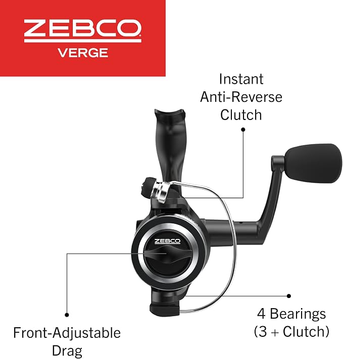 Zebco Verge Spinning Fishing Reel, Right or Left-Hand Retrieve, Pre-Spooled with Zebco Fishing Line, All-Metal Gears, TRU Balance Rotor, Black