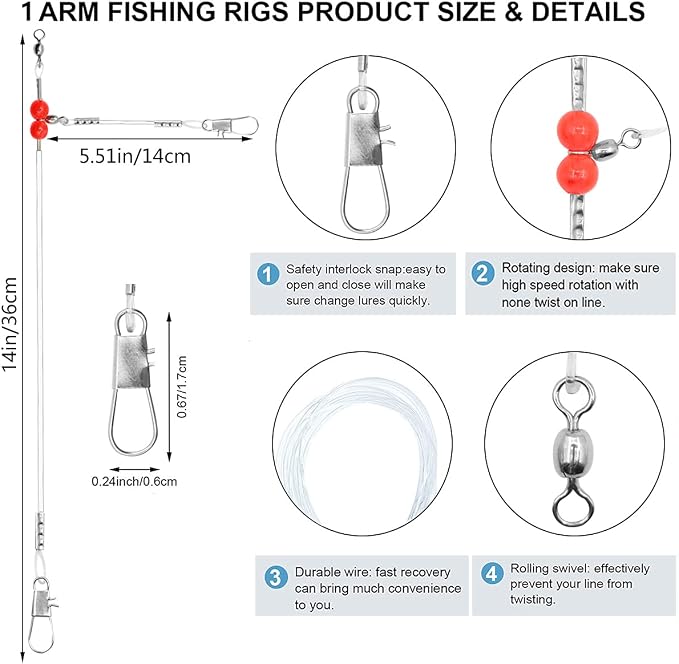 YOTO Fishing Leaders,Saltwater Tackle Rig with Swivels Snap, High-Strength Fishing Wire Gear Equipment for Lures Bait Or Hooks,1Arm and 2Arm