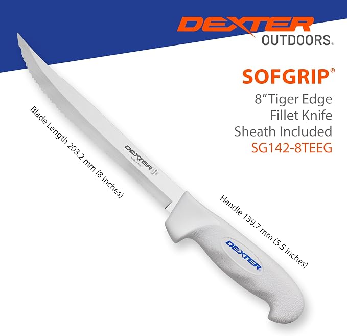 Dexter Outdoors 8" SOFGRIP Tiger Edge Scalloped Knife | Includes Edge Guard | High-Carbon American Stainless Steel Blade | Resists Corrosion | Comfortable, Slip-Resistant Handle | Made in USA
