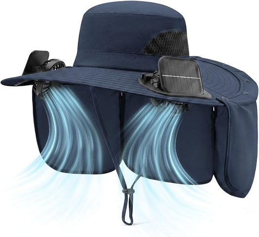2 in 1 Wide Brim Sun Hat with 2 Solar Fans Sunshade UPF 50+ Garden Outdoor Fishing Beach Essential