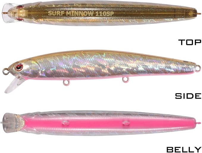 LITTMA California Surf Fishing Lures Saltwater Jerkbait Crankbait Surf Minnow 110/125 - Metallic Sardine Super Glow & Pearl Pink Belly Glow Lures for Halibut & Striper Fishing