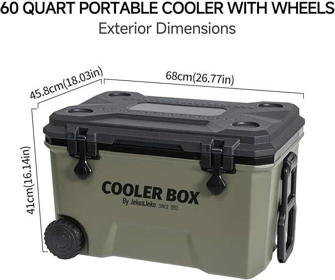 JEKO&JEKO 60QT Portable Wheeled Cooler with Ice Packs, Long Insulated Ice Chest with Dual Latches, Cup Holders, Bottle Opener & Drain Valve, Ideal for Camping, Fishing, Picnic, Beach (Black & Gray)