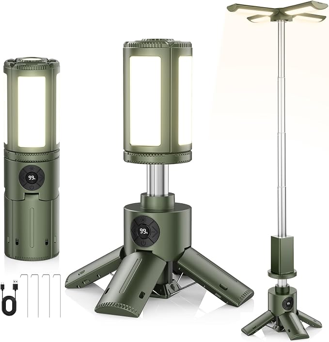 Telescopic Camping Light, Portable Camping Light with Stand, 14000mAh Rechargeable Camping Lantern, IPX6 Waterproof, Dimmable Outdoor Work Light for Emergency, Hiking, Fishing, Backyard