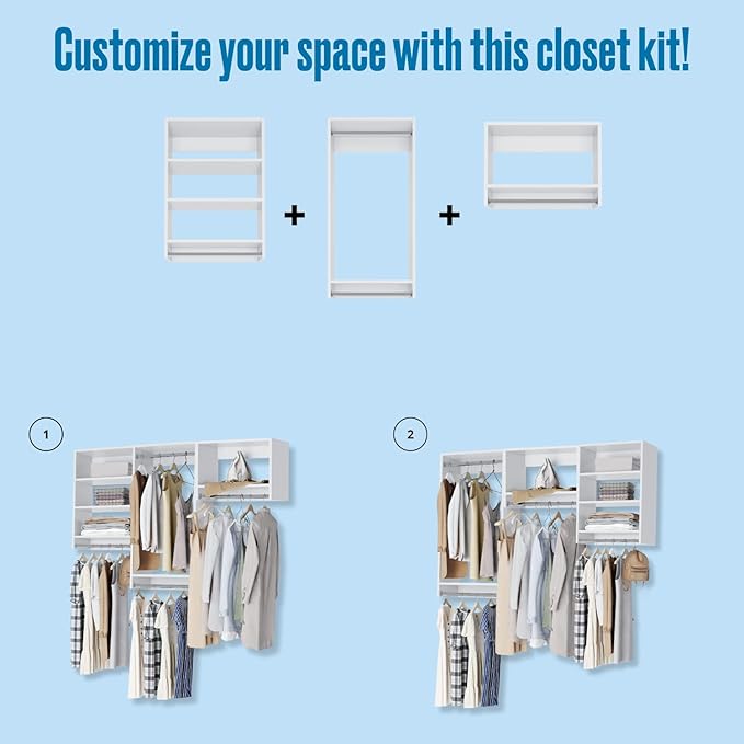 Closet Kit with Hanging Rods - Corner Closet System - Closet Shelves - Closet Organizers and Storage Shelves (White, 78 inches Wide) Closet Shelving