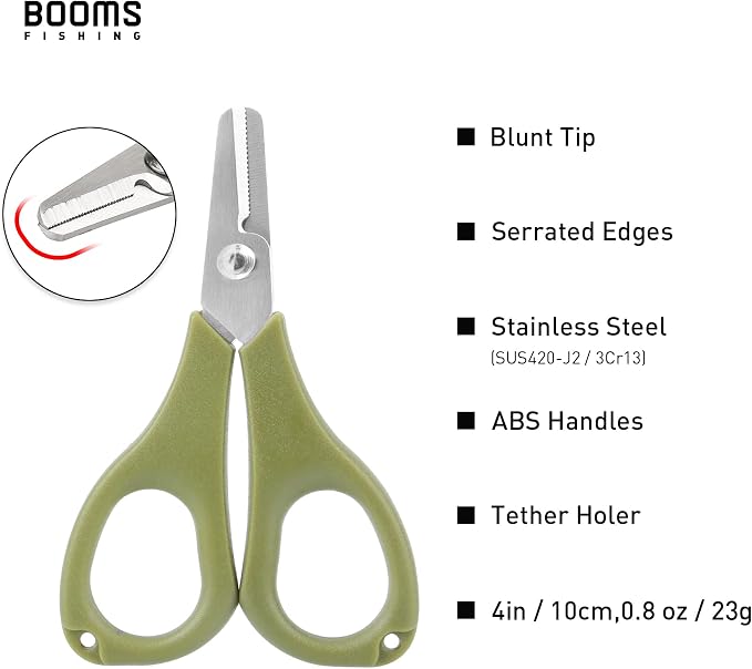Booms Fishing S01 Fishing Scissors for Braided Line, Fishing Line Cutter Saltwater and Freshwater, Fishing Serrated Shears with Retractor, 3.9" Green