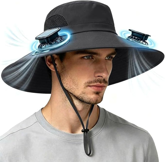 Solar Powered Fan Hat for Men Women Wide Brim Hat with 2 Fans UPF 50+ Outdoor Fishing Beach Sun Hat