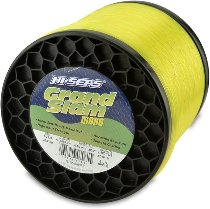 HI-SEAS Grand Slam Monofilament Fishing Line - Strong & Abrasion Resistant in Clear, Pink, Green, Smoke Blue, Fluorescent Yellow Freshwater & Saltwater - 5 lb Spool