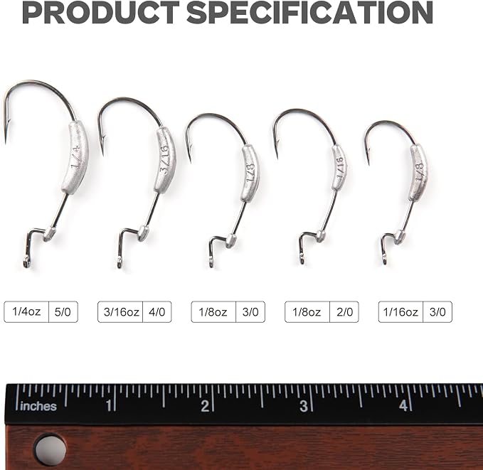 Weighted Swimbait Hooks with Molded Bait Keeper, Equipped with Weedless EWG Worm Fishing Hooks 2/0 3/0 4/0 5/0 1/16 1/8 3/16 1/4oz (15 PCs)