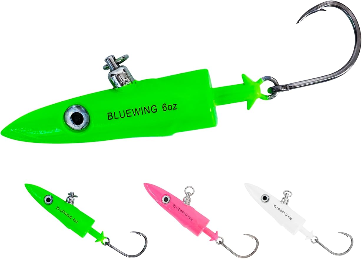 BLUEWING Jig Heads Saltwater 2oz,3oz,4oz,5oz,6oz,7oz Swimming Jigheads 1pc with High Carbon Steel Swing Hook and 6in/9in Replacement Tail Big Game Fishing Lures