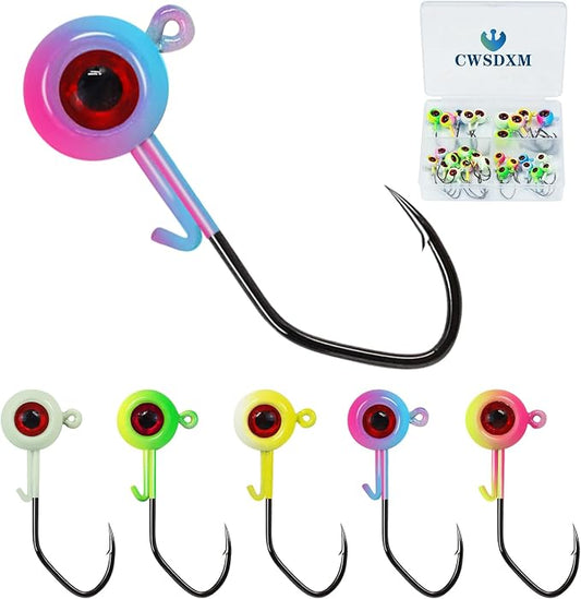 Painted Crappie Jig Heads 3D Eyes Fishing Hooks with Wire Keeper Lures for Crappie Panfish Bass Fishing Jig Hooks Assortment 1/16 oz 1/8 oz 3/16oz 3/8 oz 1/4 oz