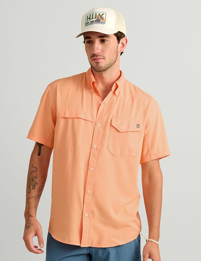 HUK Men's Tide Point Kc Scott Original Artwork Short Sleeve Shirt, Fishing Button Down