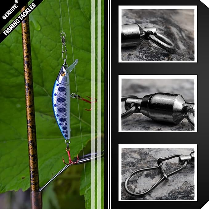 Duo Lock Snap Fishing Swivels Ball Bearing Fishing Tackle Snap Swivels Free Rotation Fishing Line Connectors Ball Bearing Swivels Black Nickel for Saltwater Freshwater Fishing