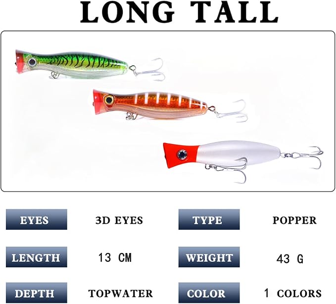 Popper Fishing Lure Set, 3 PCS Topwater Popper Lures 3D Eyes Fishing Accessories for Saltwater Surface Casting and Freshwater Fishing Gt Tuna Kingfish Large Predator Fish (5.11in, 1.48Oz)