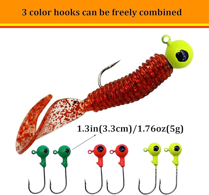 WOLFSKIN Soft Fishing Lures 36pcs Soft Plastic Baits Set Curly Tail Swimbaits with jig Head Hooks 6 Colors of Curly Tail Worms Grubs for Crap Bass Trout Walleye Freshwater Saltwater