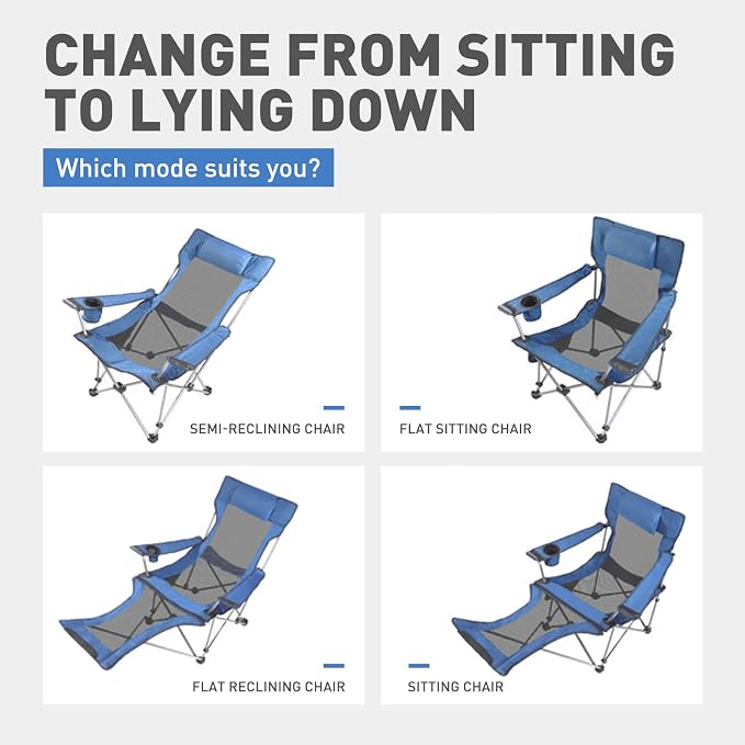 Zero Gravity Chair Reclining Folding Chair with Removable Footrest and Pillow & Cup Holder, Adjustable Outdoor Oxford Fabric Lounge Recliner for Camping, Beach, Garden, Patio, Blue Mesh