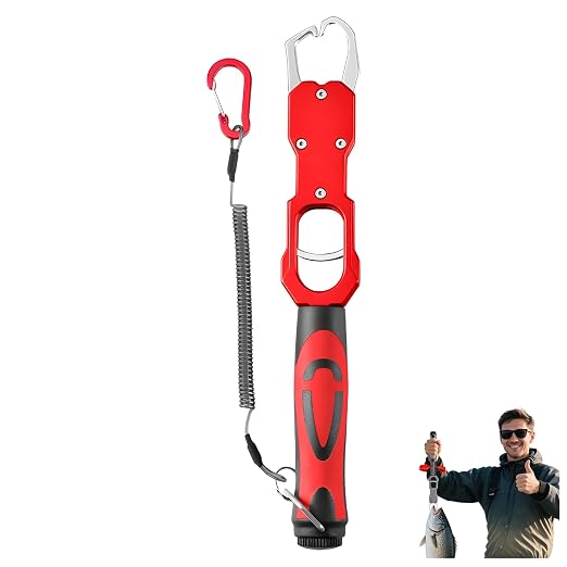 2-in-1 Fish Gripper with Scale, Aircraft-Grade Aluminum Alloy Heavy Duty Fish Lip Holder, MX 18KG Fishing Gripper with Scale, TPR Dual-Color Handle & Rotating Design – Ideal for Anglers (Red)