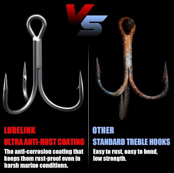Fishing-Treble-Hooks-5X-Extra-Strong-Heavy-Duty Ultra Anti-Rust Bulk Hooks for Saltwater and Freshwater Fishing Sizes 5/0 to #8