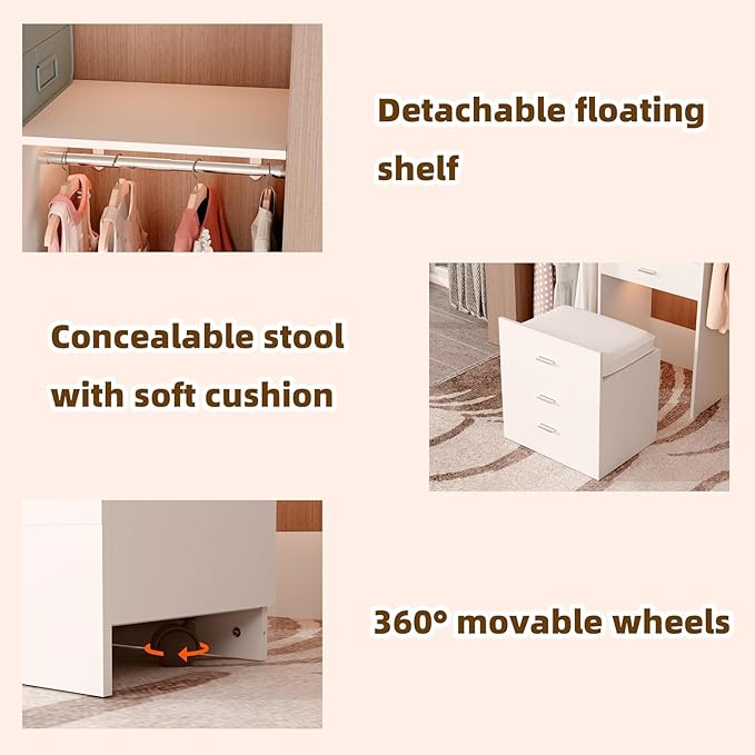 Closet System Set of 2 With Concealable Stool, Closet Organizer System With 8 Wood Drawers, Walk-In Closet Storage System, 10 Adjustable Cloth Garment Rack from 6Ft-10Ft, White