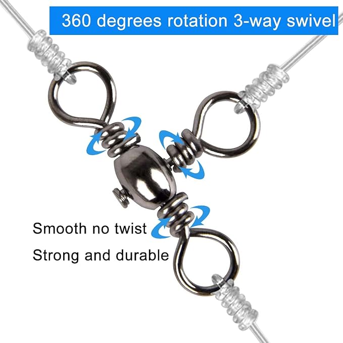 AKOSU 120pcs Fihshing Accessories Three Way Swivels Cross Line Barrel Stainless Steel Swivel Saltwater T-Turn Fishing Line Connector #2, 4, 6, 8, 10