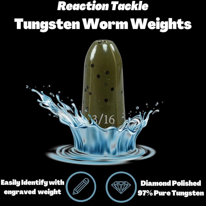 Reaction Tackle Tungsten Worm Weights for Bass Fishing - Bullet Shaped Sinkers/Fishing Weights - for Texas Rig and Carolina Rig/Size Stamped